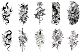 10 Sheet Black Snake Temporary Tattoos with Flower Zombie Sword Body Waterproof  image 2