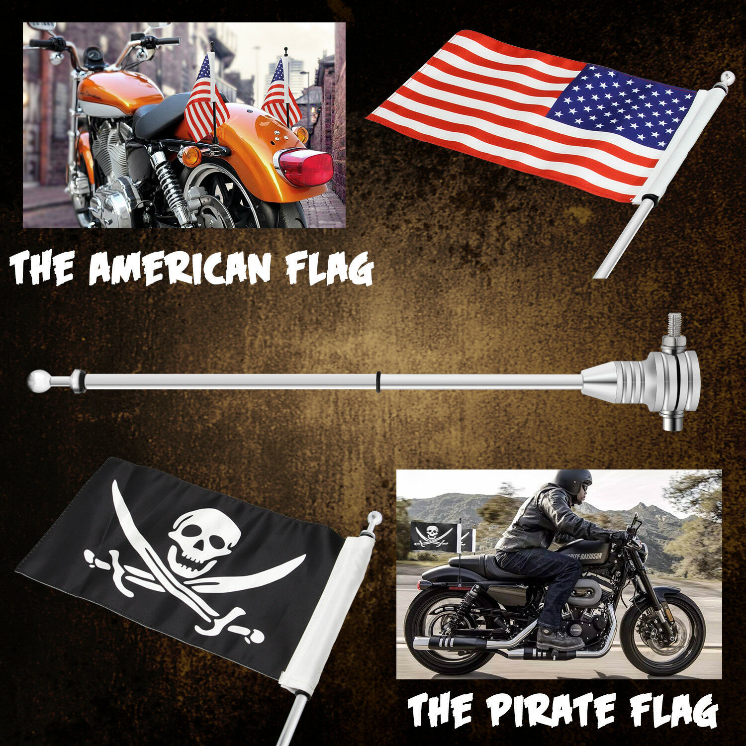 Motorcycle Rear Flag Pole Mount Flag for Harley Davidson Luggage Rack w