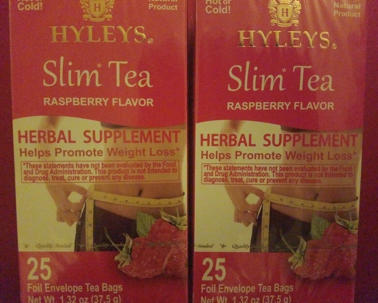 TWO PACK HYLEYS SLIM TEA RASPBERRY FLAVOR HELPS PROMOTE WEIGHT LOSS