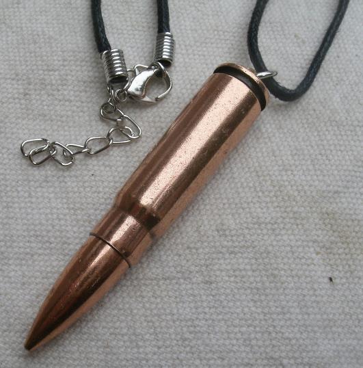 Real Rifle Cartridge w/ Bullet Necklace,unloaded,black cord,copper finish Necklaces & Pendants