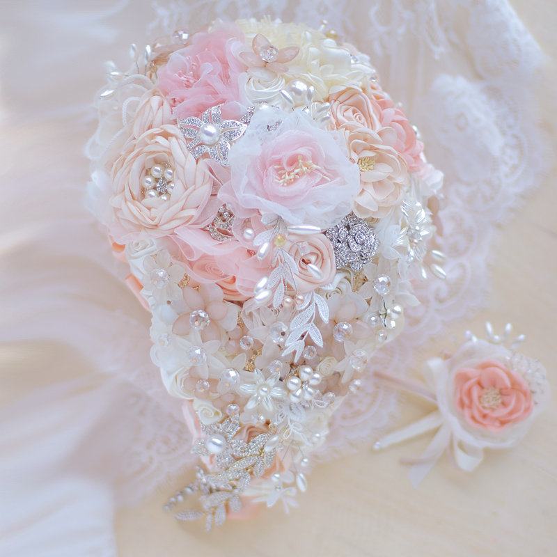 Handmade, Coral Pink Wedding Bridal Bouquet, Fabric yarn Bouquet, drop Bouquet,