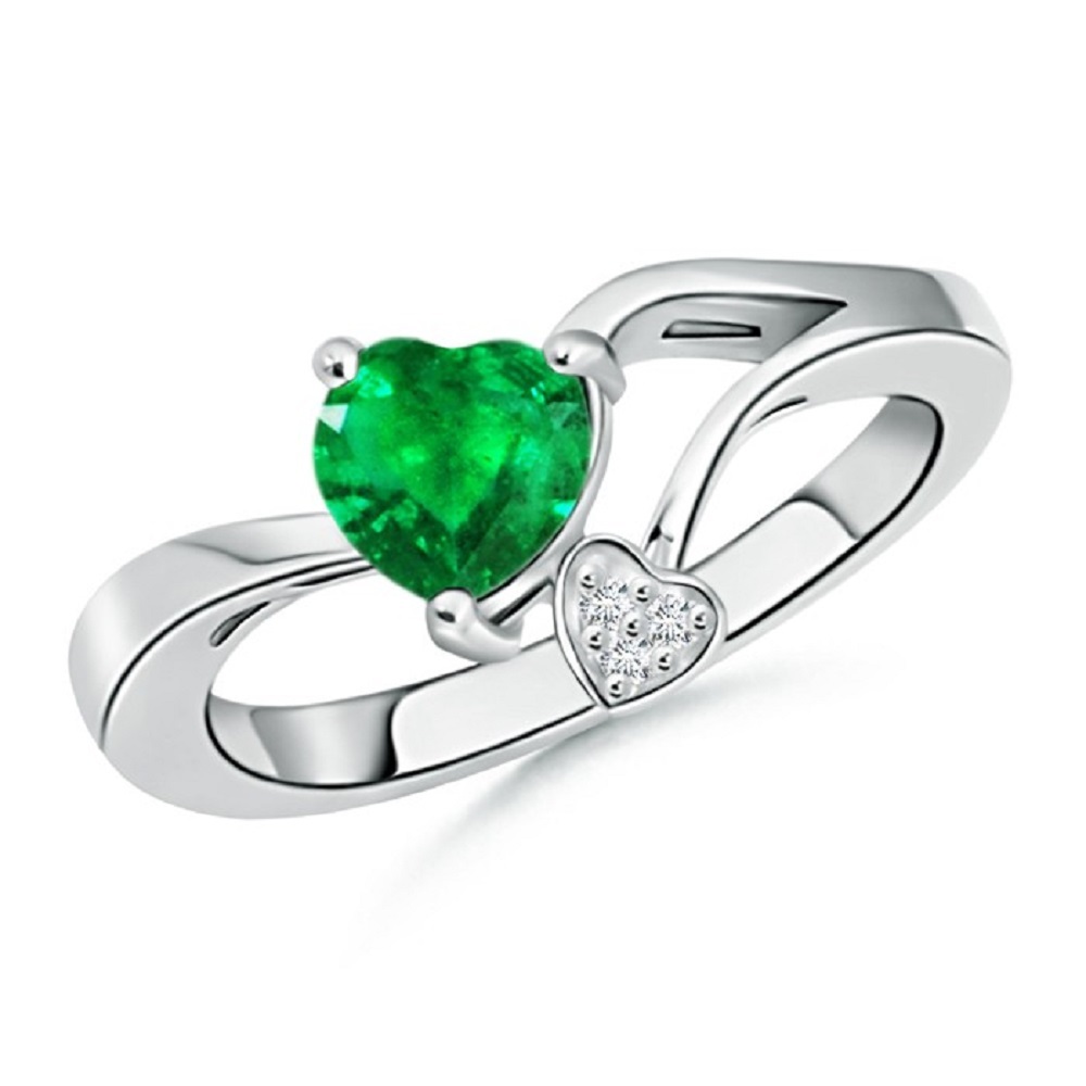 Lovely Green Emerald & White CZ Diamond 14K White Gold Fn Engagement Heart Ring