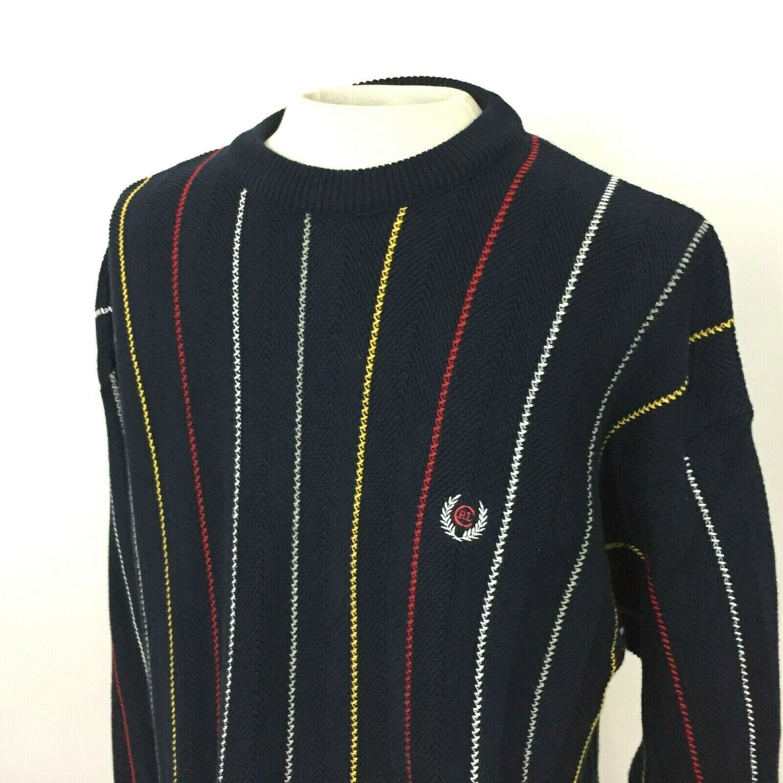 Ralph Lauren Chaps Mens Large Sweater Striped Cotton Crest Sweaters