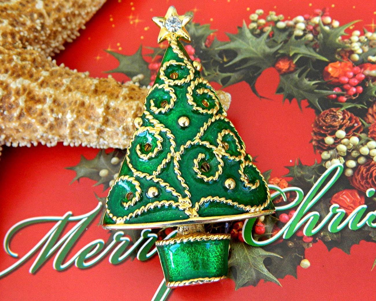 Vintage Christmas Tree Brooch Green Enamel Gold Trim Star Ornaments