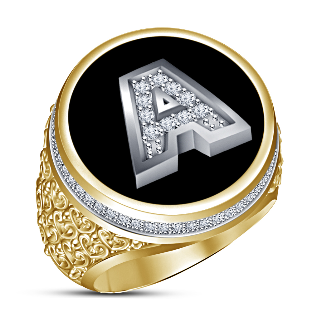 'A' Initial Letter Men's Ring W/ Diamond Black Enamel 18k Gold Plated ...