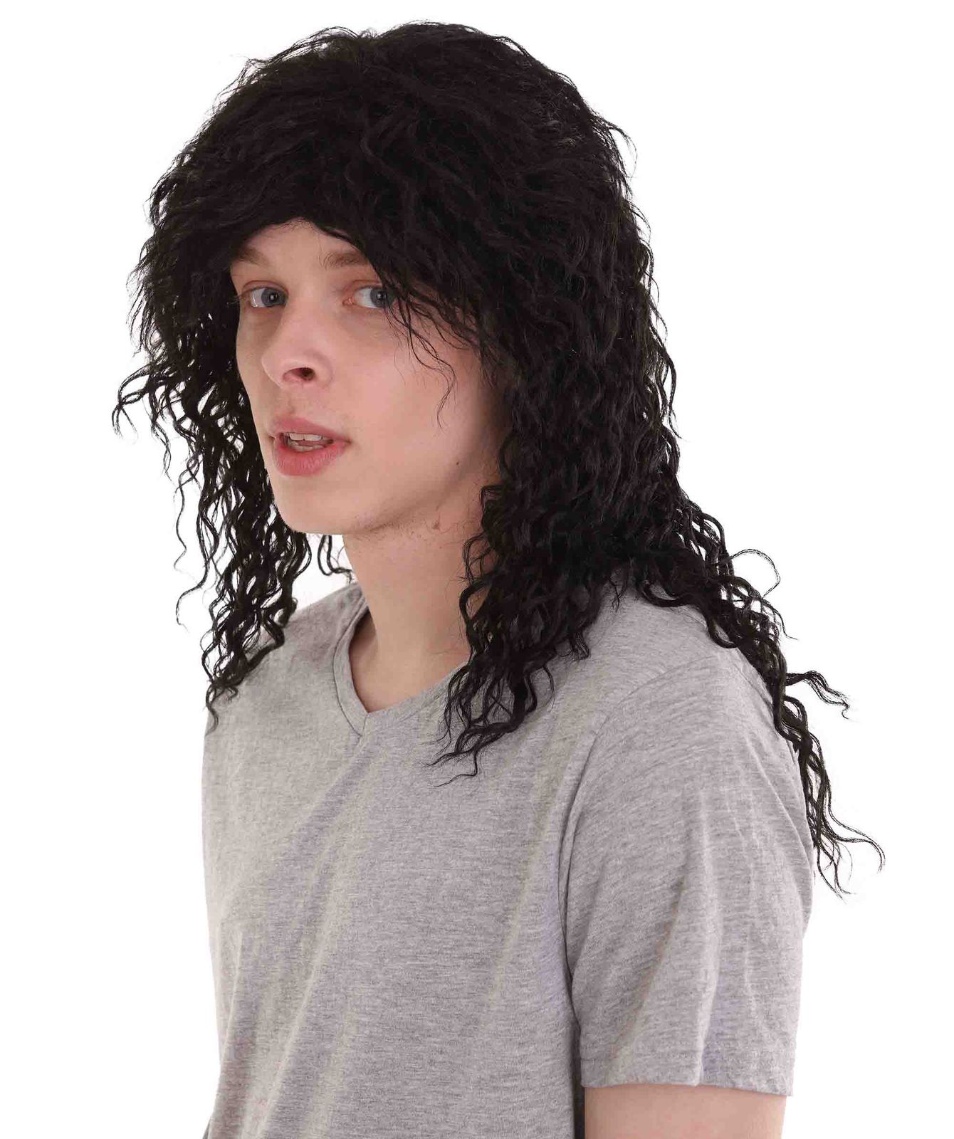 Men Black Long Straight Wig Cosplay Hollywood Rock Star Halloween Costume HM-277 