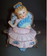Vintage Figurine Girl Sitting with Fan In Old Fashion Chair Ceramic - $7.95