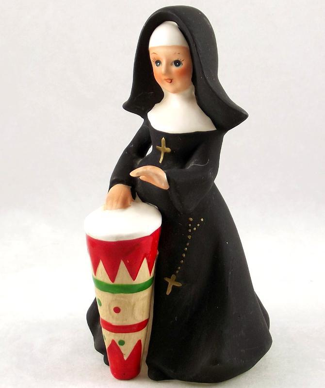 Napcoware ceramic musical Nun playing bongo drum figurine 7129 Napco