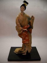 VINTAGE Porcelain JAPANESE Woman Figurine BLACK STAND Attached Kimono FAN - $68.56