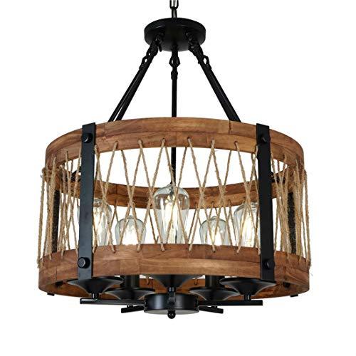 DERALAN Modern Rustic Chandelier Round Wood Five Lights Farmhouse