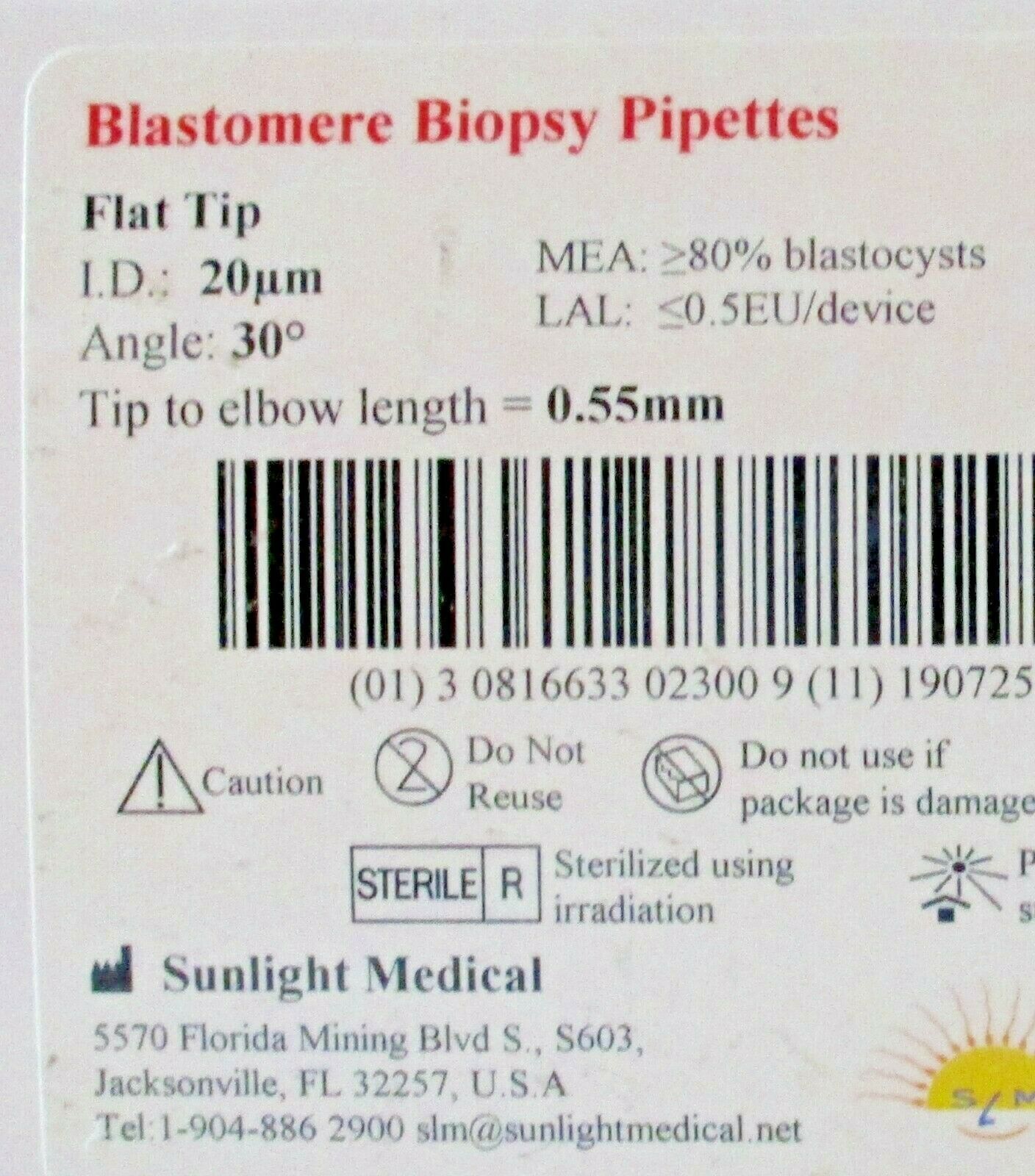 NEW Sunlight Medical Blastomere Biopsy Pipettes SBB20Z30 Box of 10