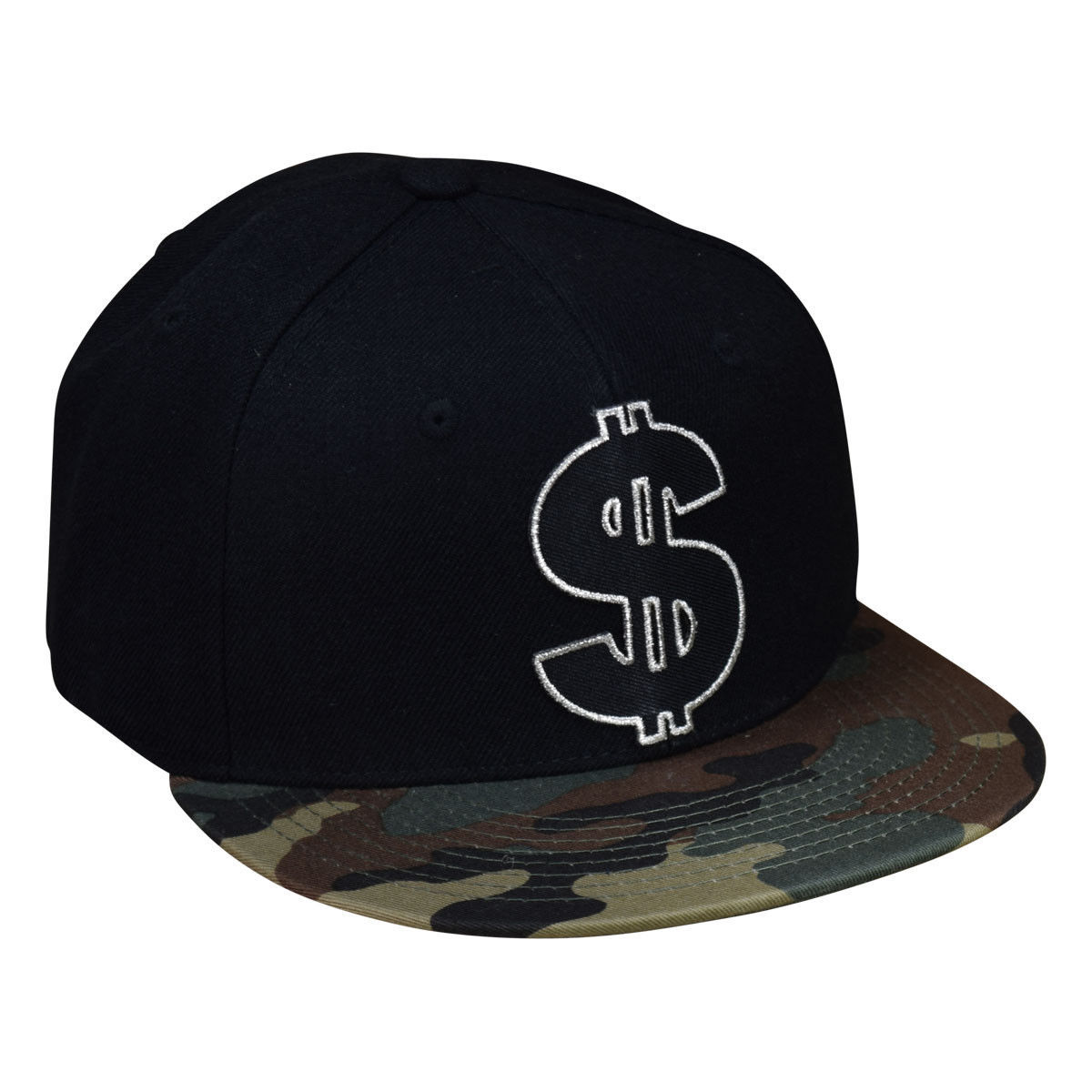 Cash Money Snapback Hat - Metallic Silver Dollar Sign, Black and Camo - Hats