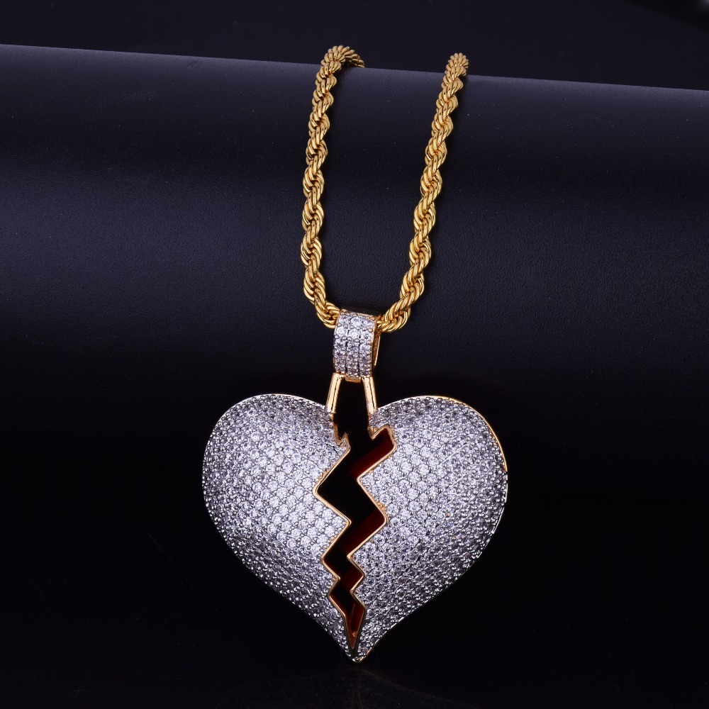 Broken Heart Chain Necklace & Pendant Iced Out Bling Zircon Hip hop ...