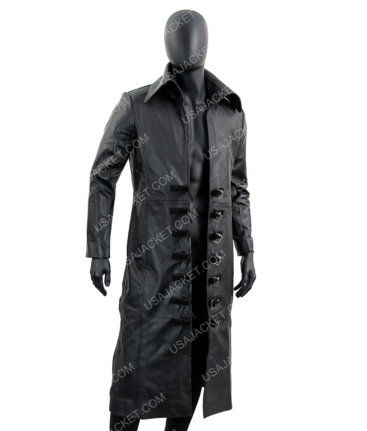 Mens Detective Black Vintage Full Length Gothic Leather Trench Coat - Men