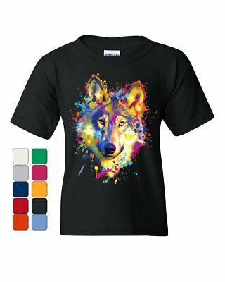Neon Wolf Head Youth T-Shirt Paint Splatter Lone Wolf Spirit Animal Kids Tee
