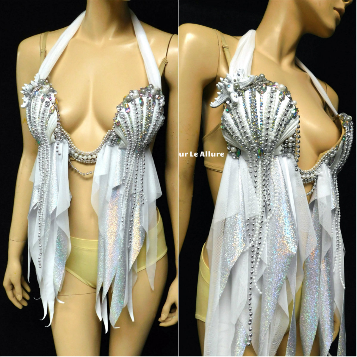 Diamond White Rhinestone Shell Mermaid Plunge Dance Costume Rave Bra Halloween