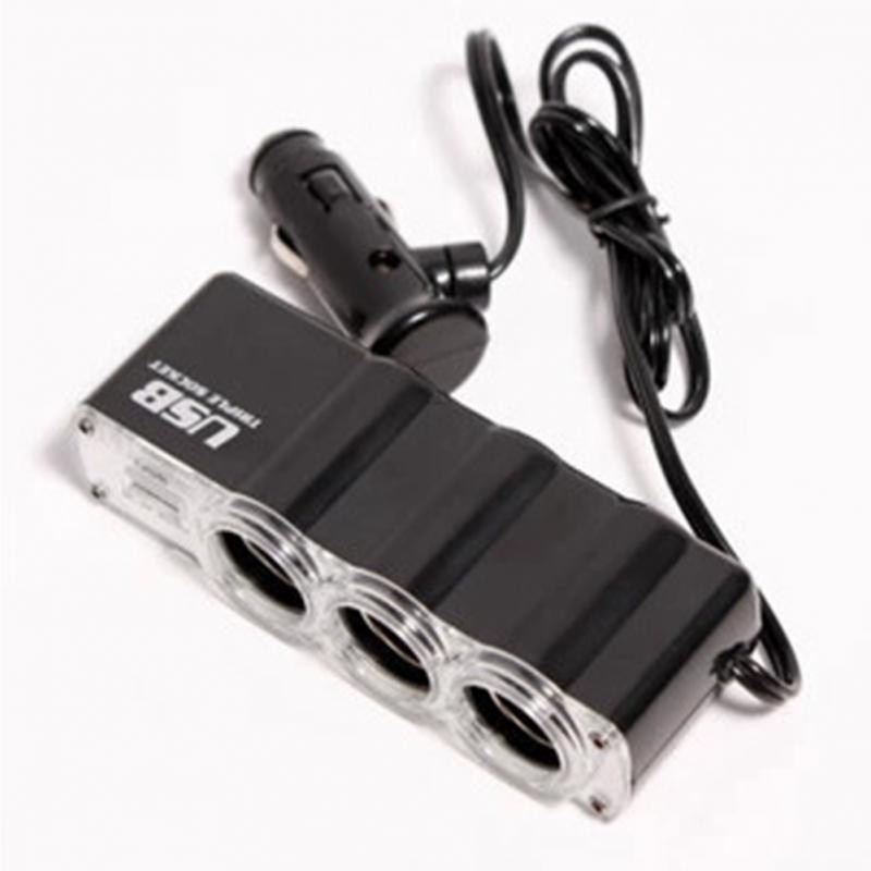 3 Way  Cigarette Lighter Socket Splitter 12V/24V +USB Car Charger
