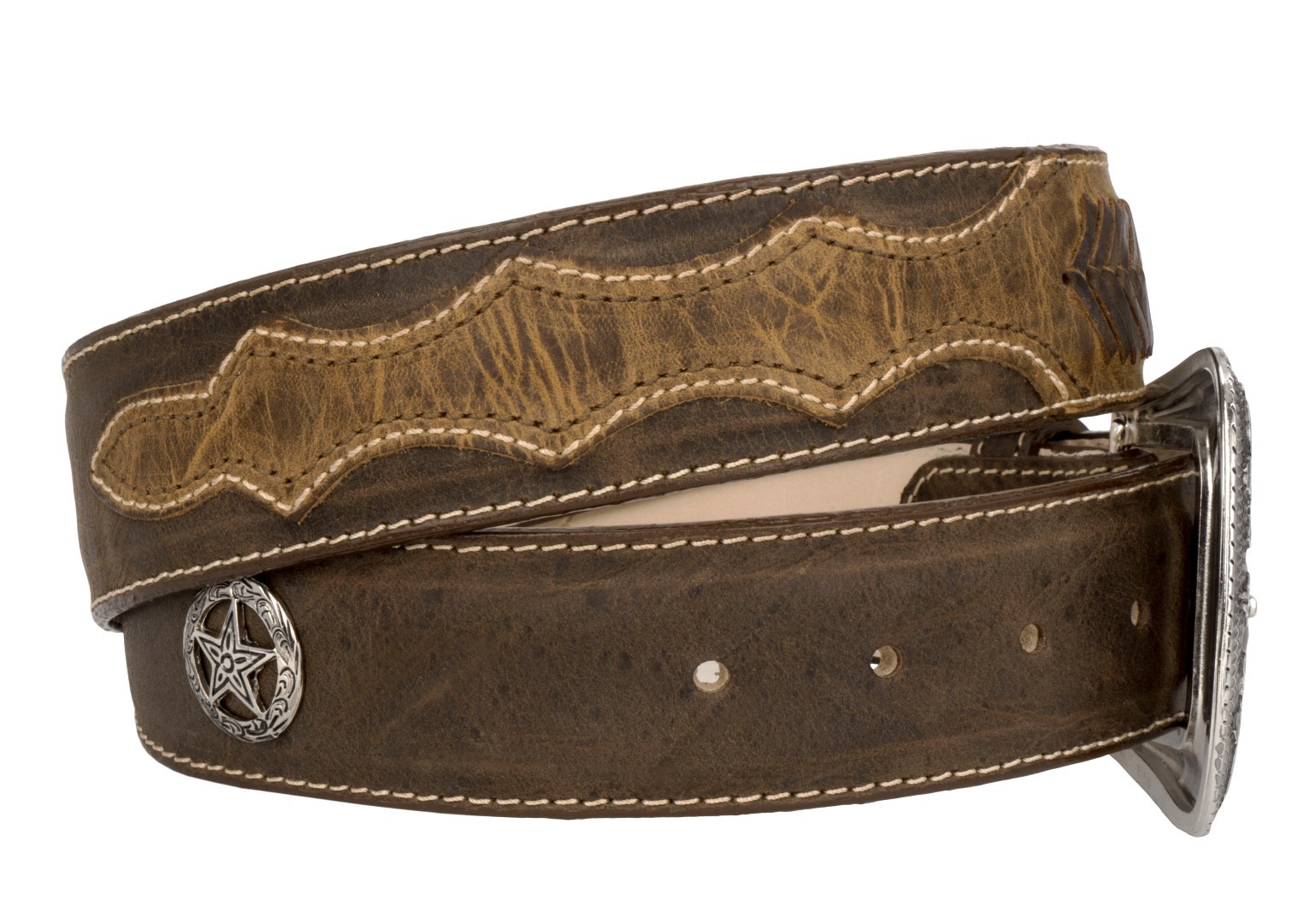 Cowboy Western Dress Belt Concho Overlay Studded Real Leather Brown