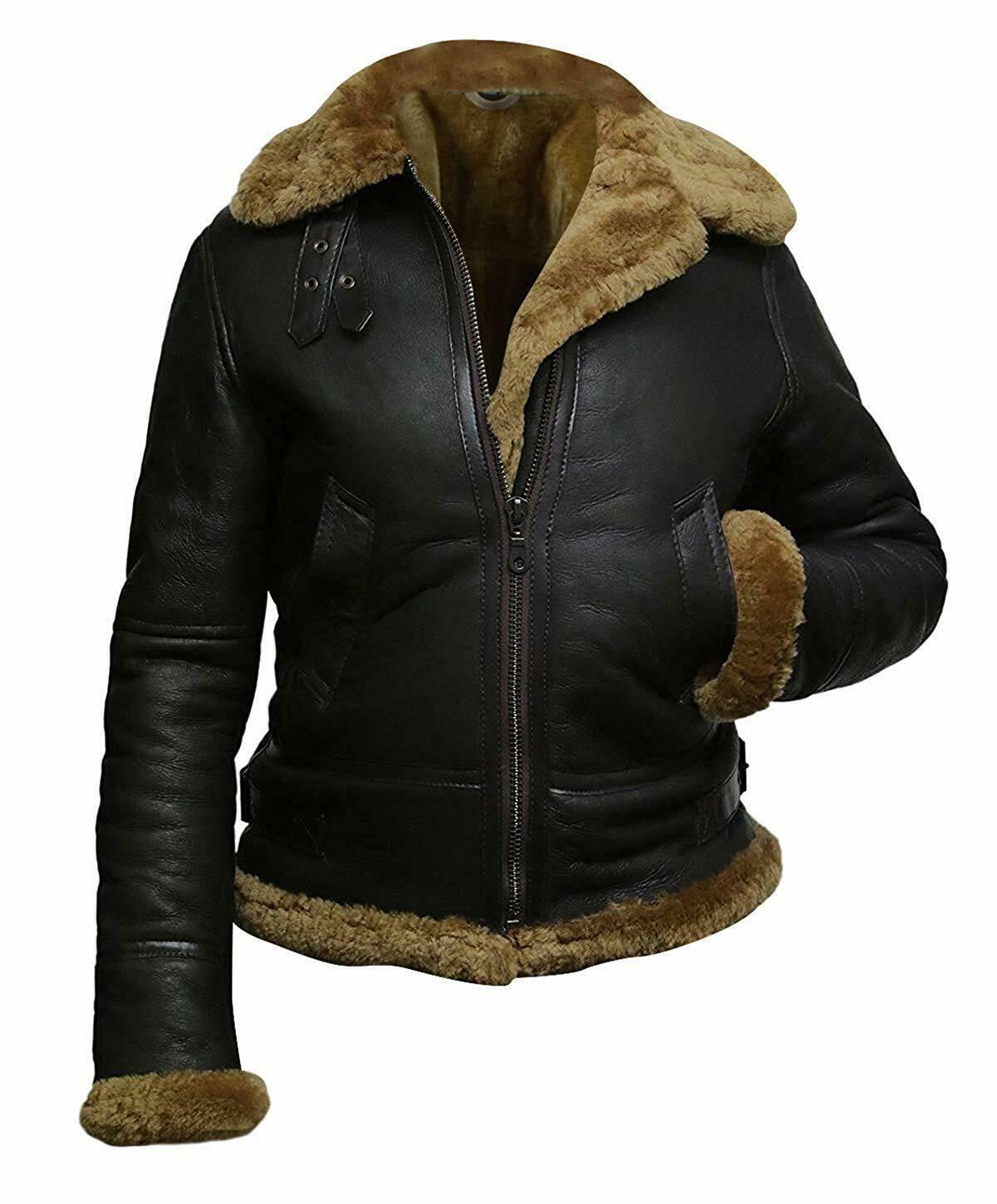 Womens Shearling Jacket B3 Bomber Aviator Hoodie Real Sheepskin Leather