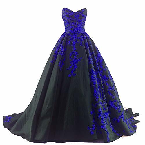 Kivary Gothic Black Satin and Royal Blue Lace A Line Long Prom Wedding Dresses P