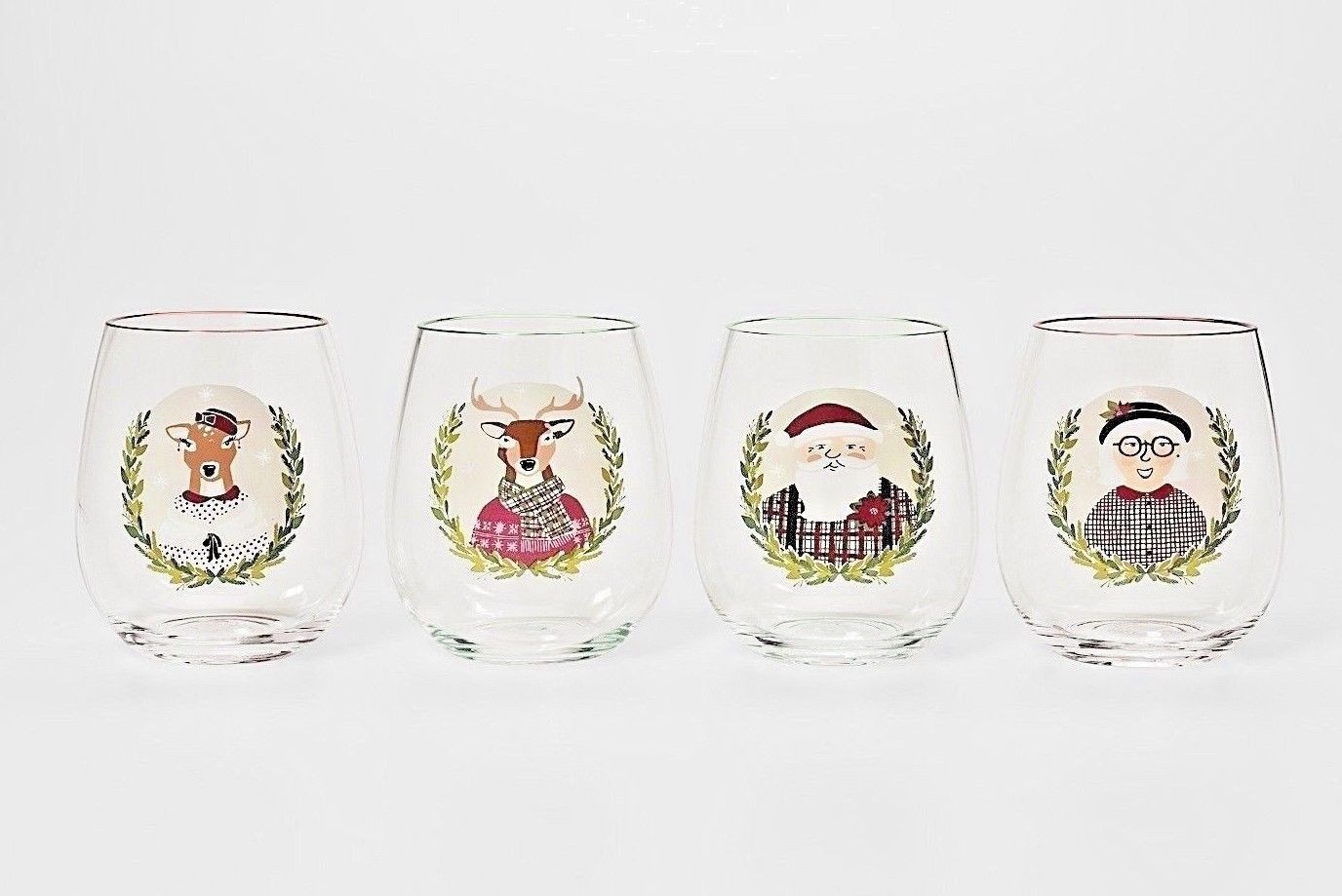 Wine Drinking Glasses Plastic Christmas Theme Stemless Cups 4 Pack New 