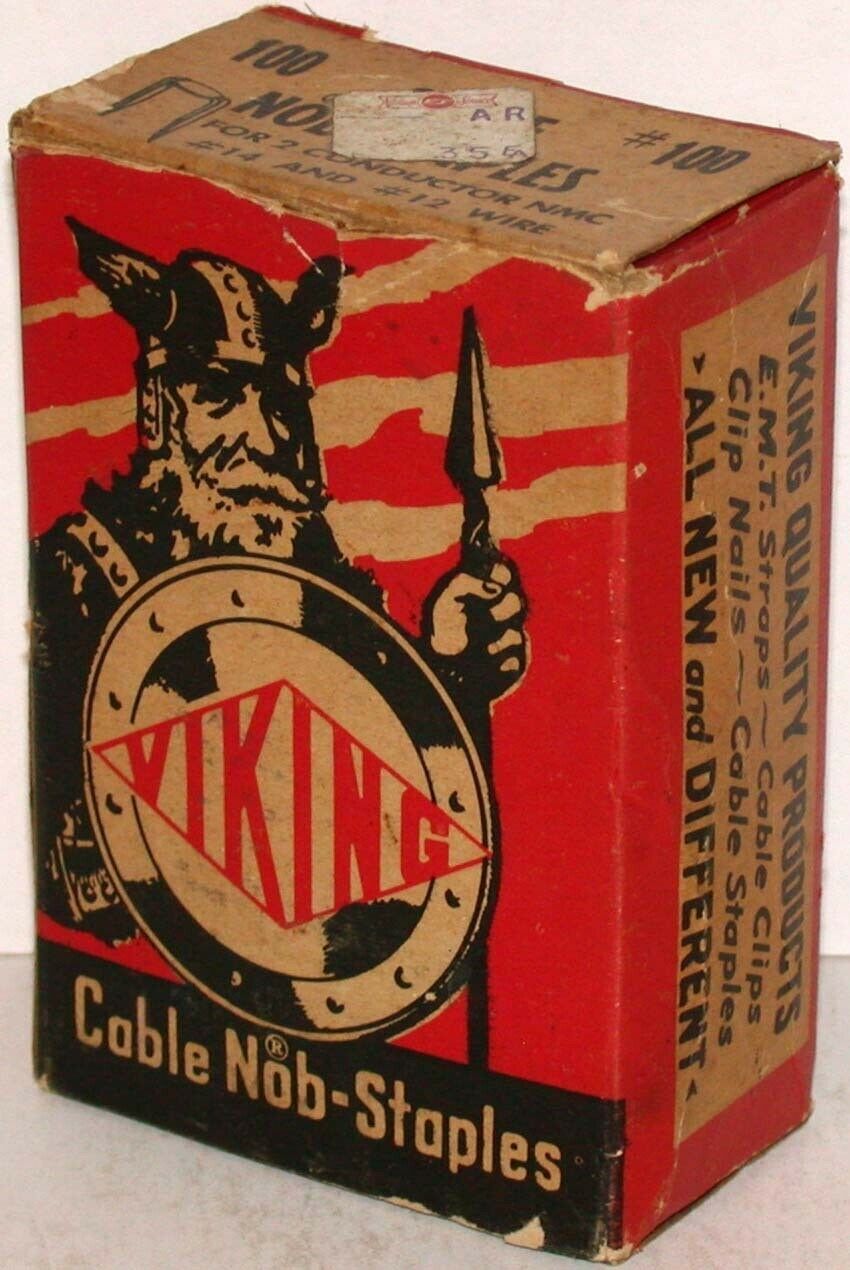 Vintage box VIKING CABLE NOB STAPLES Viking pictured W W Cross Co
