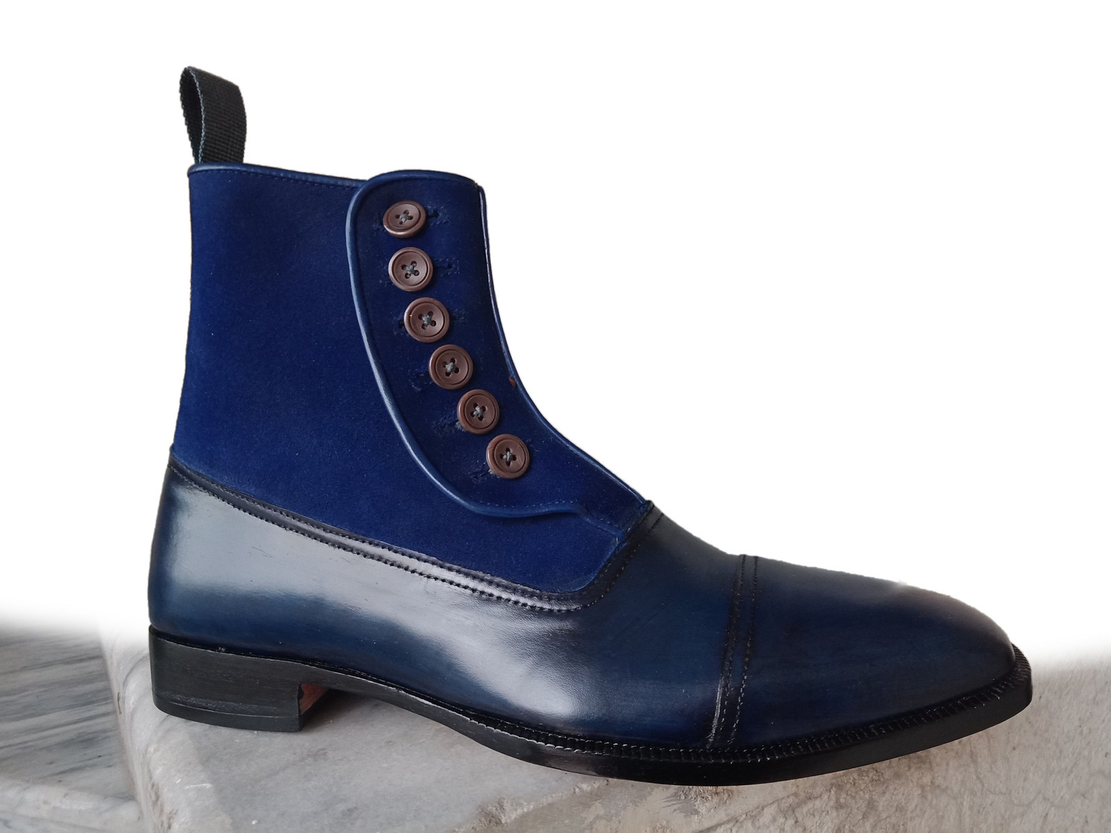 NEW Handmade Mens Navy Blue Suede Leather boot, Men's Cap Toe Button Ankle High
