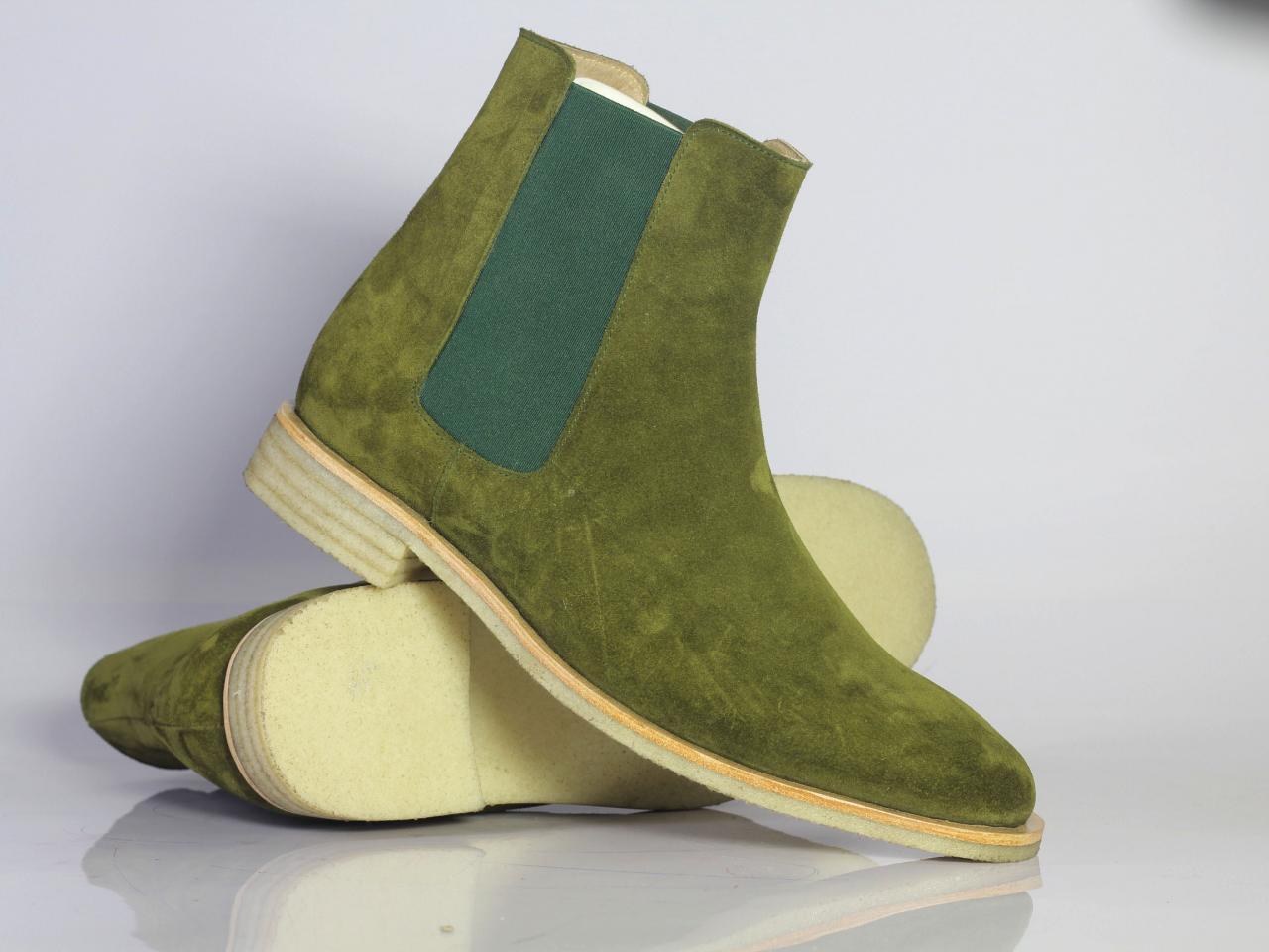 Handmade Men Olive Green Suede Chelsea Boots, Men Fashion Designer Boots