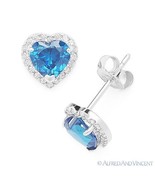 Heart-Shape CZ Crystal Halo Faux Blue Topaz Stud Earrings in 925 Sterlin... - $32.77+