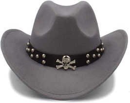 Gray Western Skull Cowboy, Cowgirl Hat, Skull Strap, Men Women Retro Wid... - $17.75
