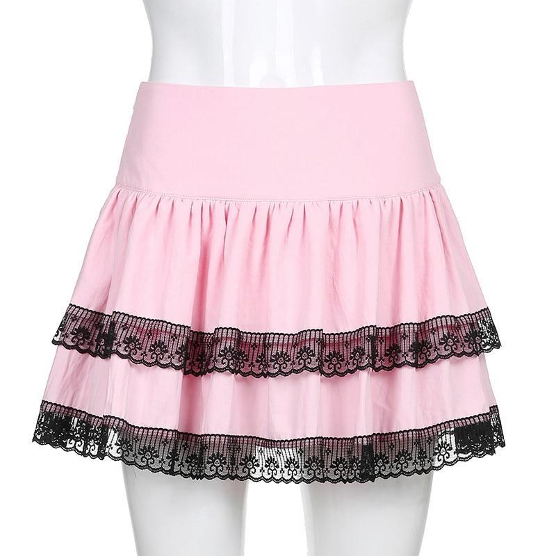 Black Lace Harajuku Pink Pleated Skirt - Skirts
