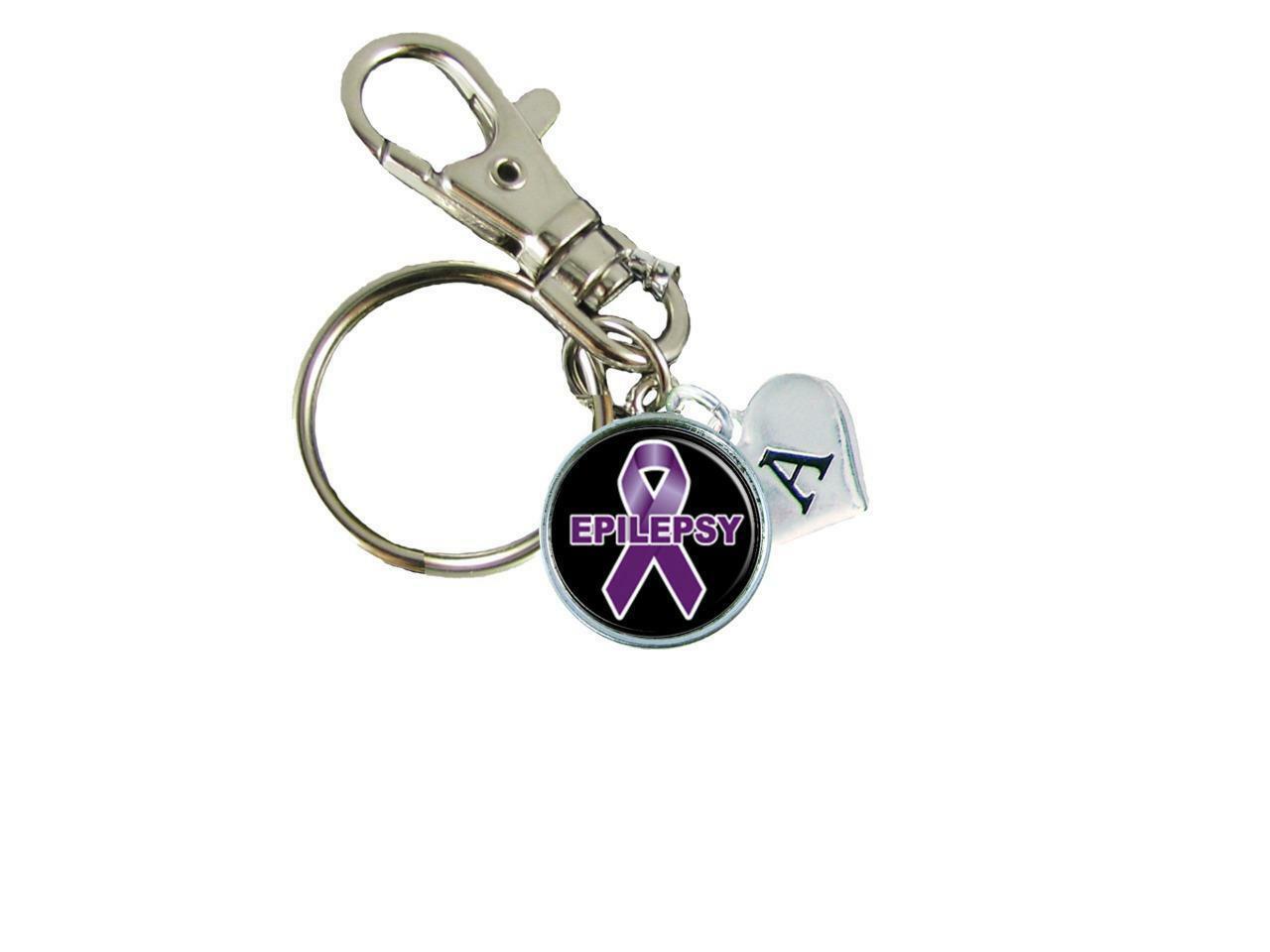 Custom Epilepsy Awareness Purple Ribbon Silver Key Chain Initial Family Charm