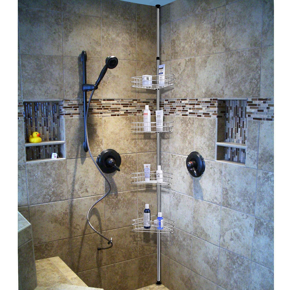 4 Tier L Shower Corner Pole Caddy Bathroom Wall Shelf Storage Rack Holder