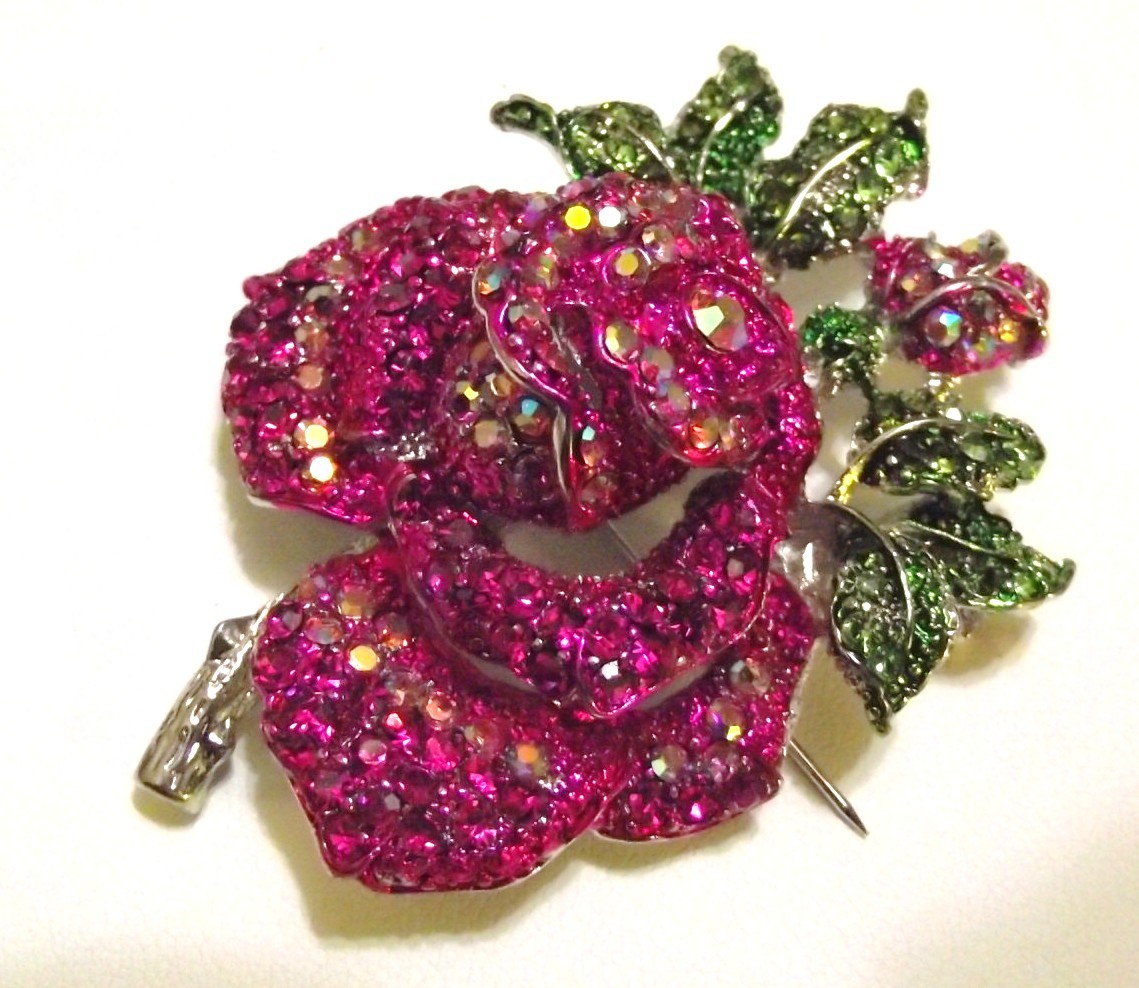 Fushsia Swarovski Crystal Mini Rose Brooch Pin - Pins & Brooches