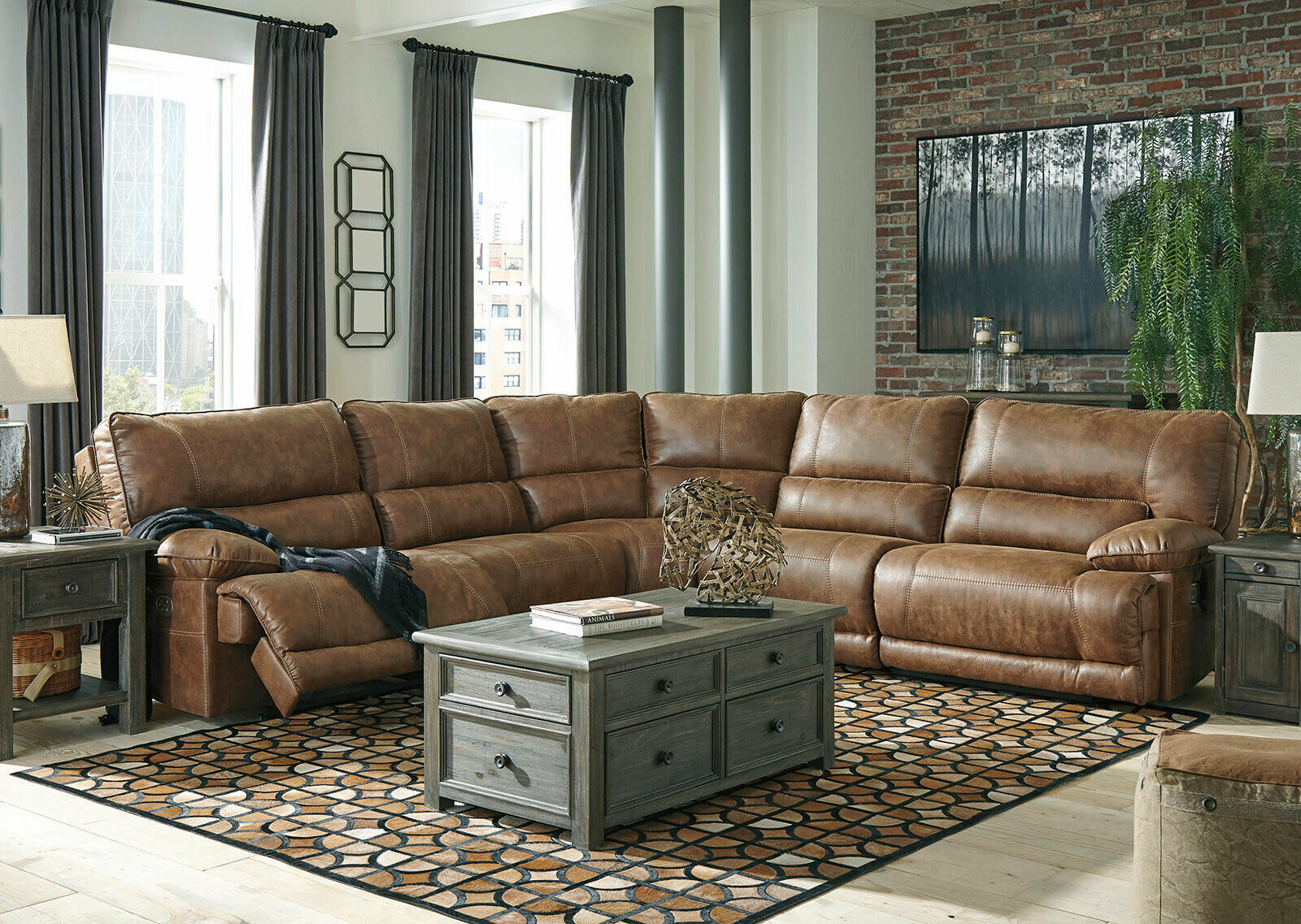 HAMBURG 5pcs Sectional Living Room Brown Faux Leather Power Reclining