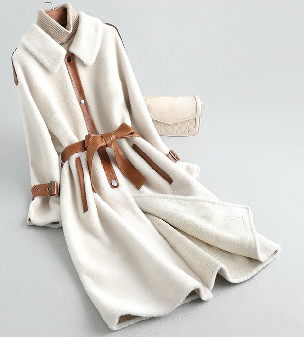 New white shearling wool button down women long coat with belt and brown details
