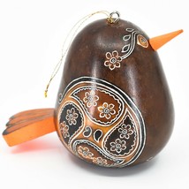 Handcrafted Carved Gourd Art Whimsical 3-D Brown Songbird Ornament Made Peru