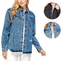 Women's Oversized Cotton Long Sleeve Distressed Denim Jean Button Down Shirt