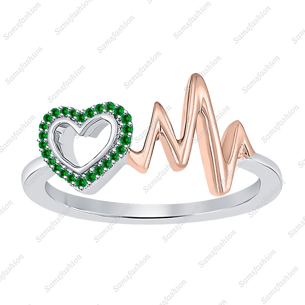 14K Two-Tone Gold Over Silver 0.33ctw Round Green Emerald Lovely Heartbeat Ring