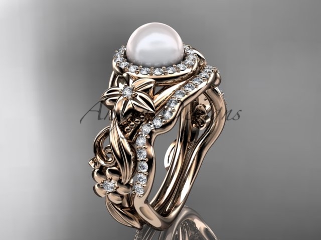 Halo Diamond Engagement Rings 14kt Rose Gold Unique Pearl ...