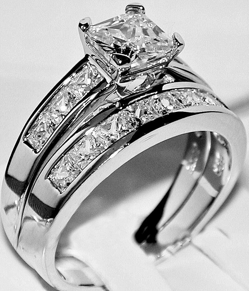 3.00Ct Princess White Diamond 925 Sterling Silver Anniversary Bridal Ring Set