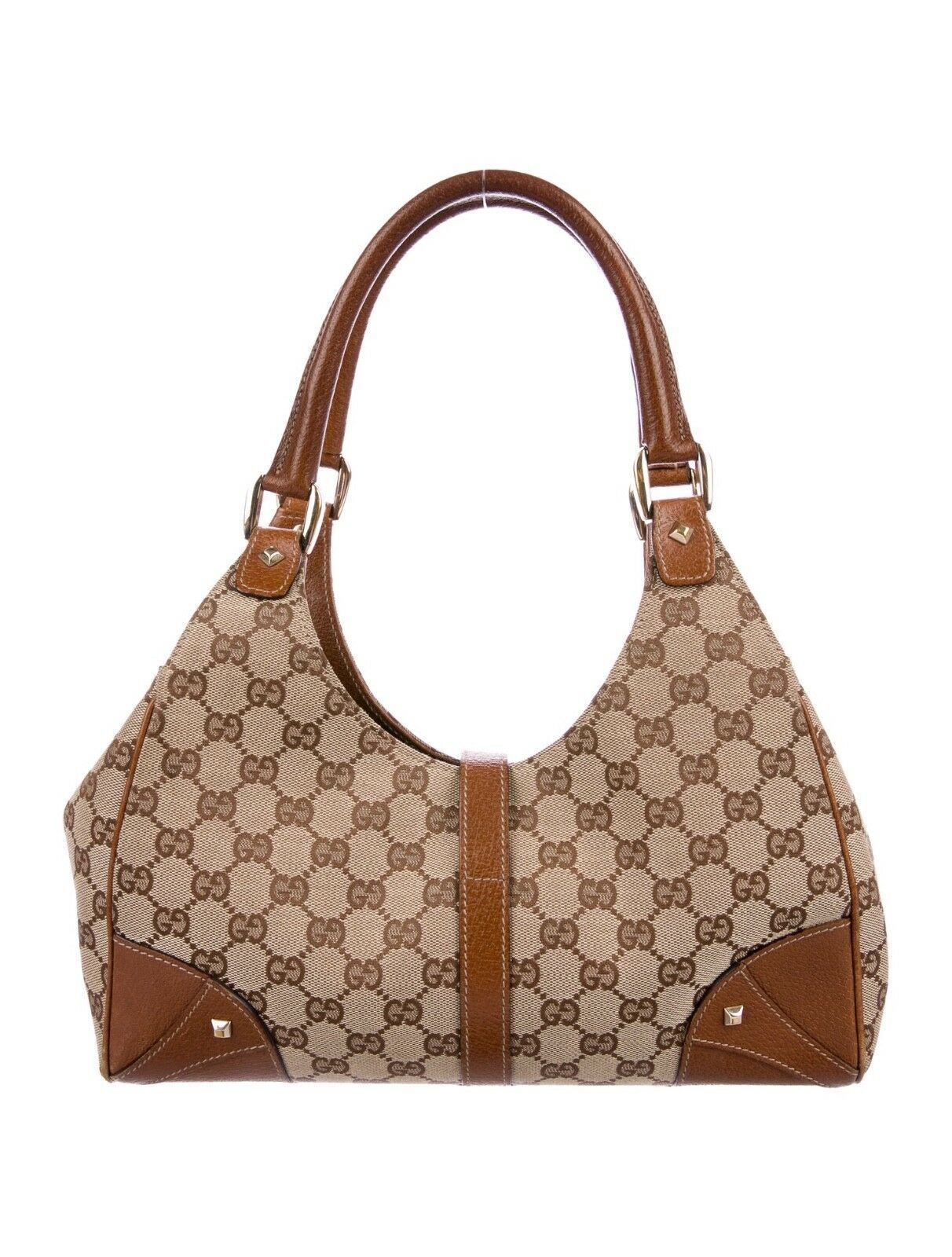 GUCCI Tan Brown Canvas Leather Trim GG Logo Nailhead Jackie Bag Made in ...