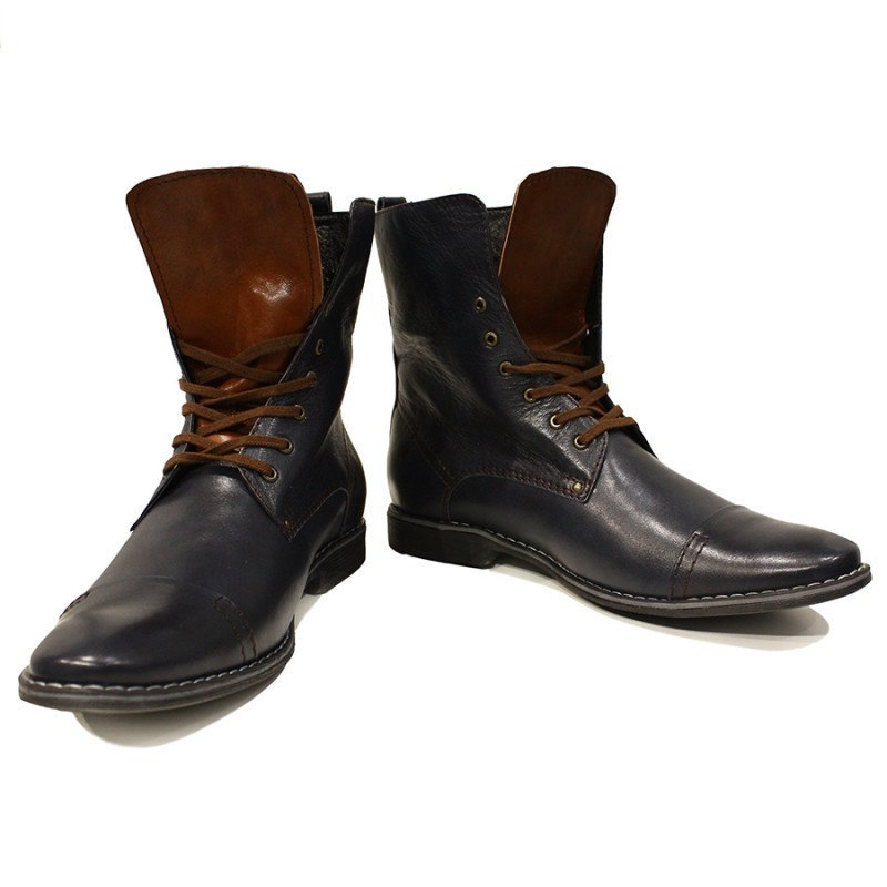 Black Brown Rounded Cap Toe High Ankle Genuine Leather Lace Up Stylish Men Boots