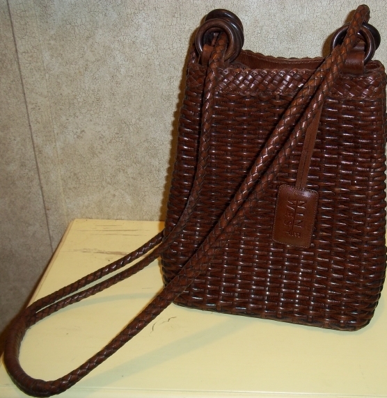 Retro Vintage Nine West Brown Leather Basket Weave Handbag Purse Bucket ...