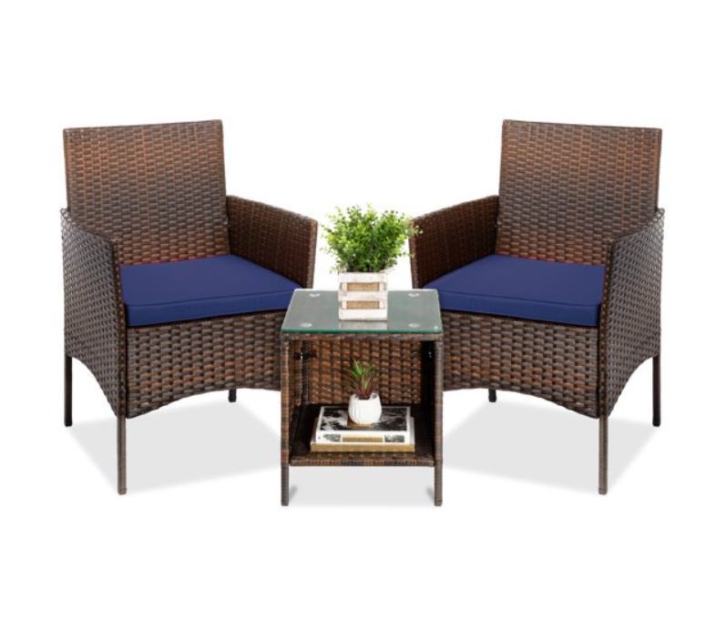 3-Piece Wicker Outdoor Bistro Set Blue Cushions 2 Chairs Table Patio Furniture