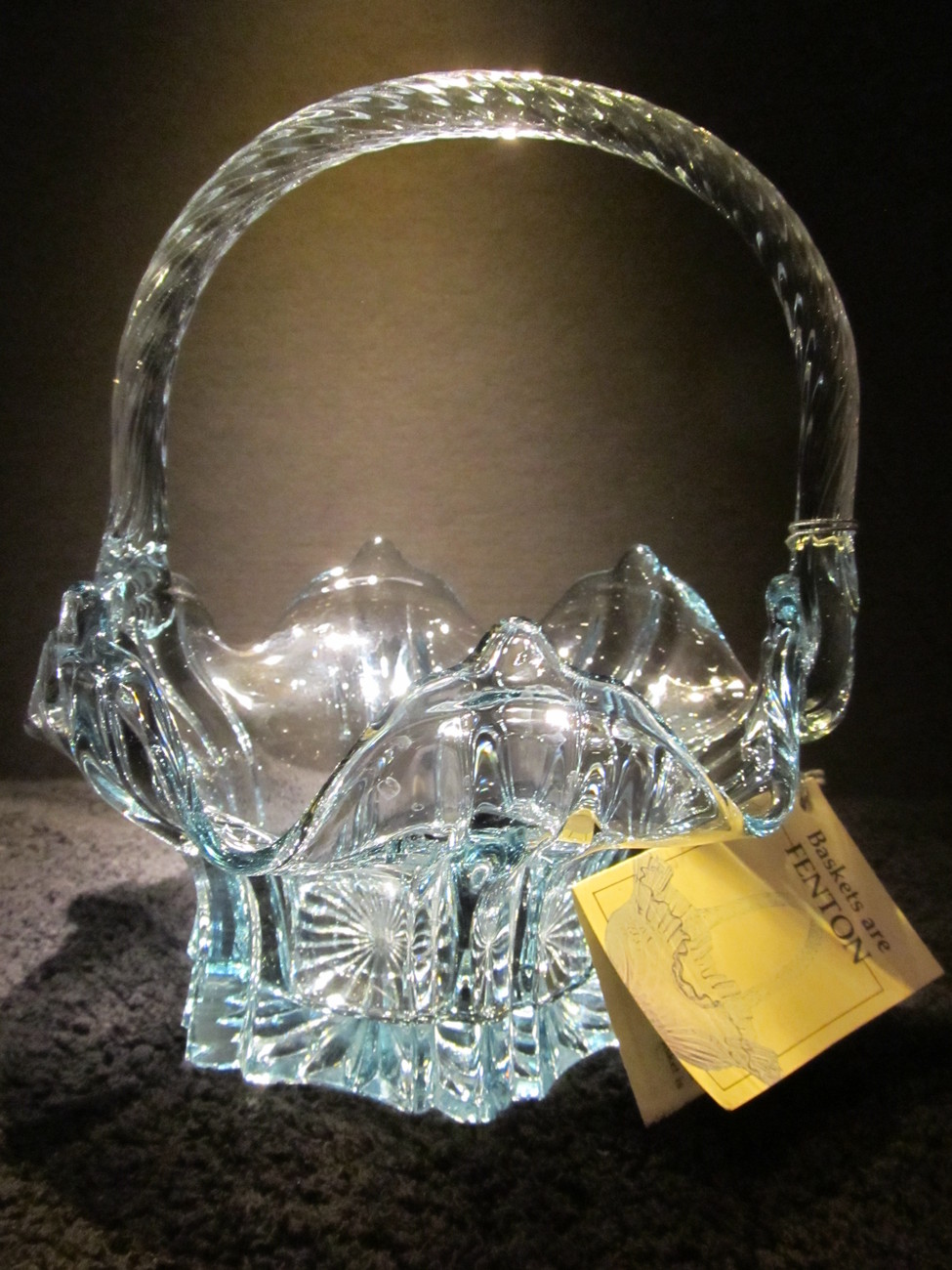 Vintage 1980s Blue Fenton Art Glass Crystal Rope Handle Basket Junior