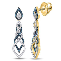 10kt Yellow Gold Round Blue Color Enhanced Diamond Dangle Earrings 1-5/8 Ctw - $1,159.00