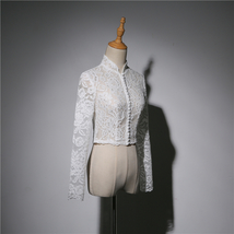 Women Retro Square Neck Lace Shirt Button Down Wedding Bridal Lace Crop Shirts image 4