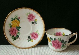 HM SUTHERLAND Flat TEA CUP &amp; SAUCER Scalloped Pink Yellow Roses China En... - $12.36