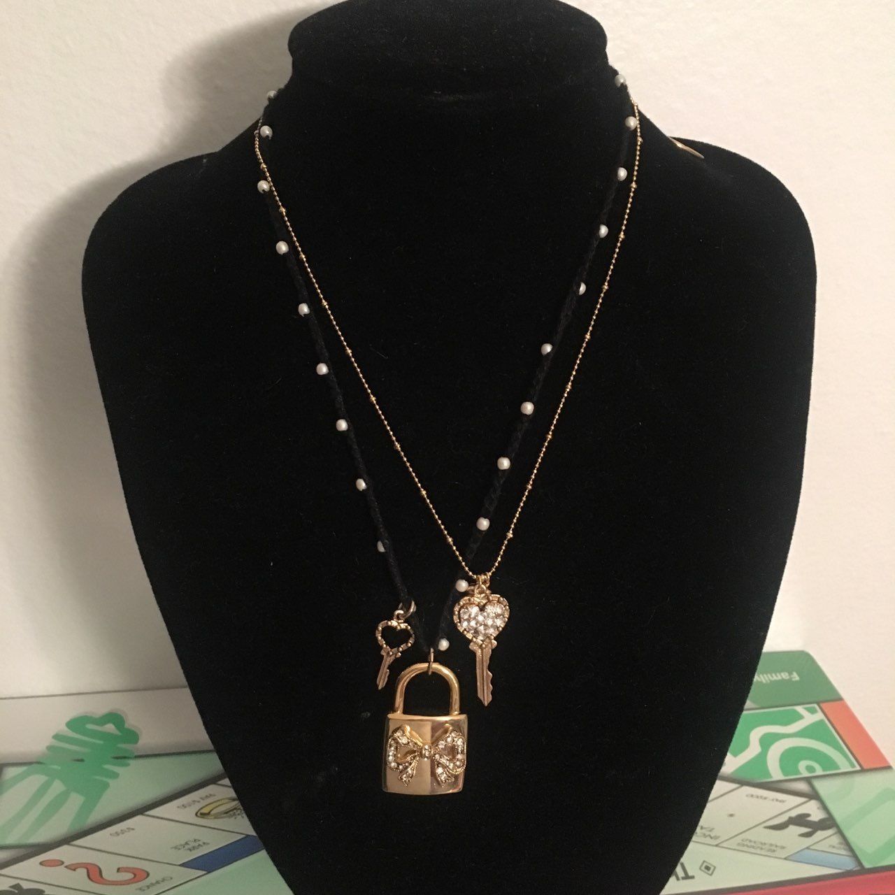 NWT $55 BETSEY JOHNSON Lock & Key Pearl Charm Layered Necklace - $54.99